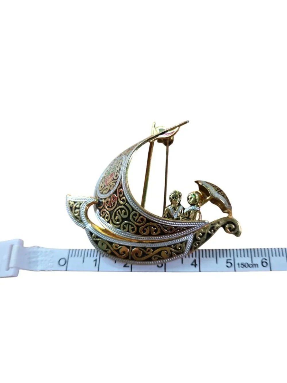 Vintage Damascene Spanish Sailboat Brooch Romantic Couple Beneath Parasol